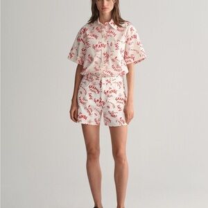 Gant High Waist White and Red Text Print Graphic Shorts
